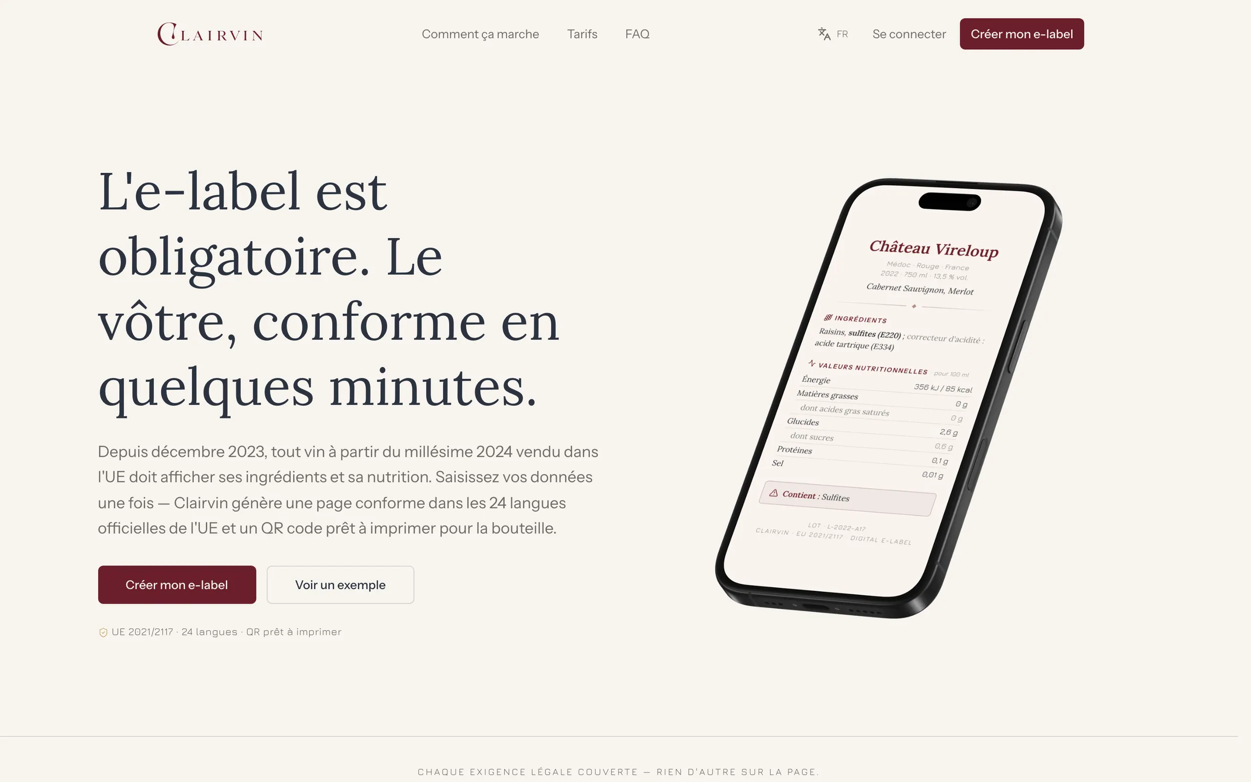 Page d’accueil de Clairvin : « L’e-label est obligatoire. Le vôtre, conforme en quelques minutes. », et l’e-étiquette d’un vin ouverte sur un téléphone.