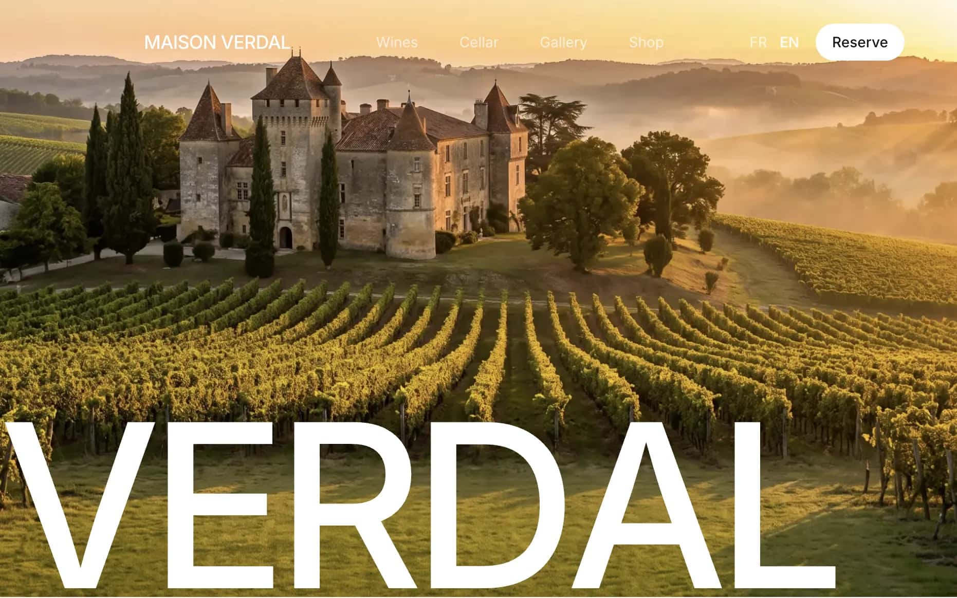 Page d’accueil de Maison Verdal : le château et ses vignes au lever du jour, le nom du domaine en grand par-dessus.